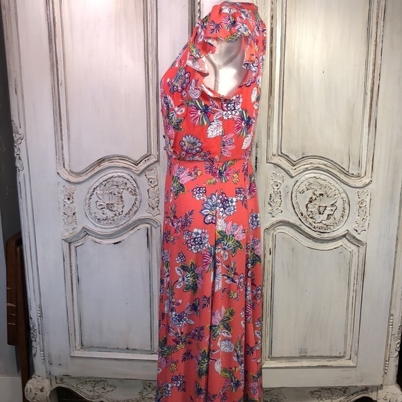 Scoop Lovely Feminine V Neck Button Front Ruffle Sleeve Back Cutout Maxi Dress - Picture 6 of 13